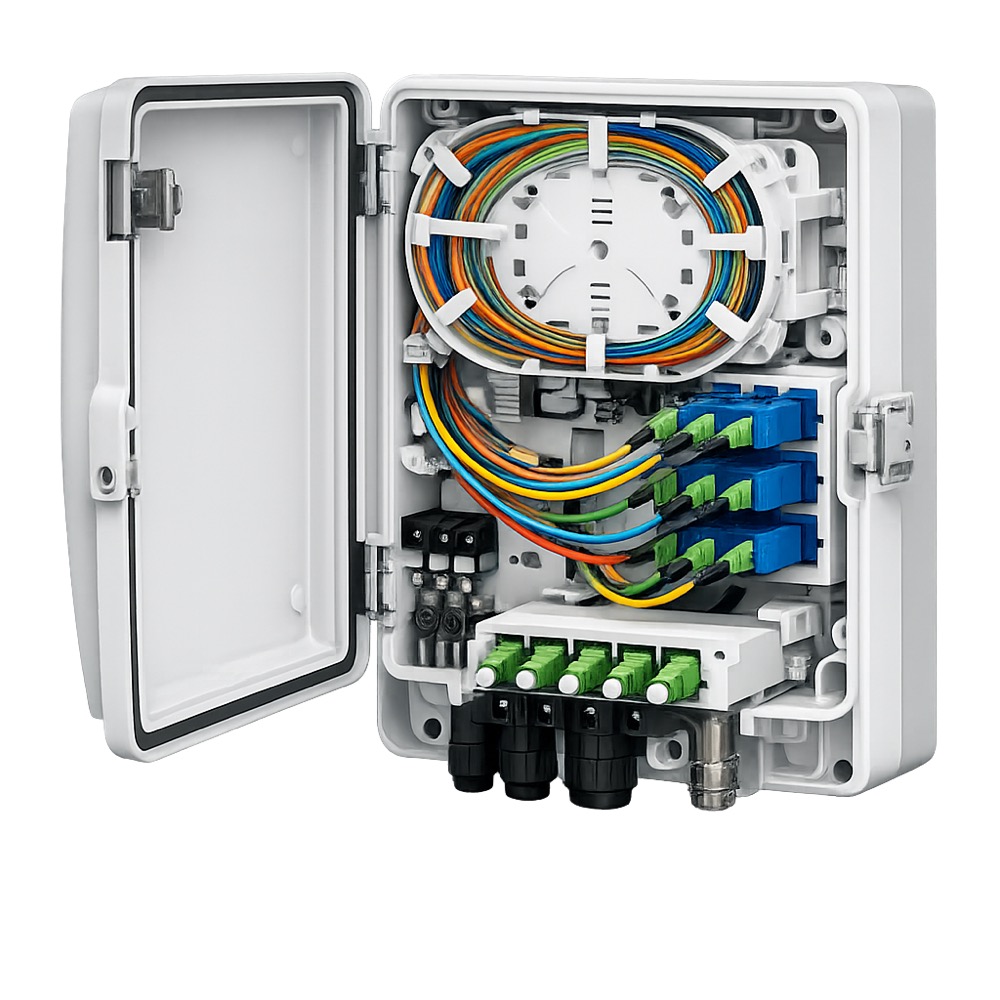Open fibre optic distribution box showing spliced cabling