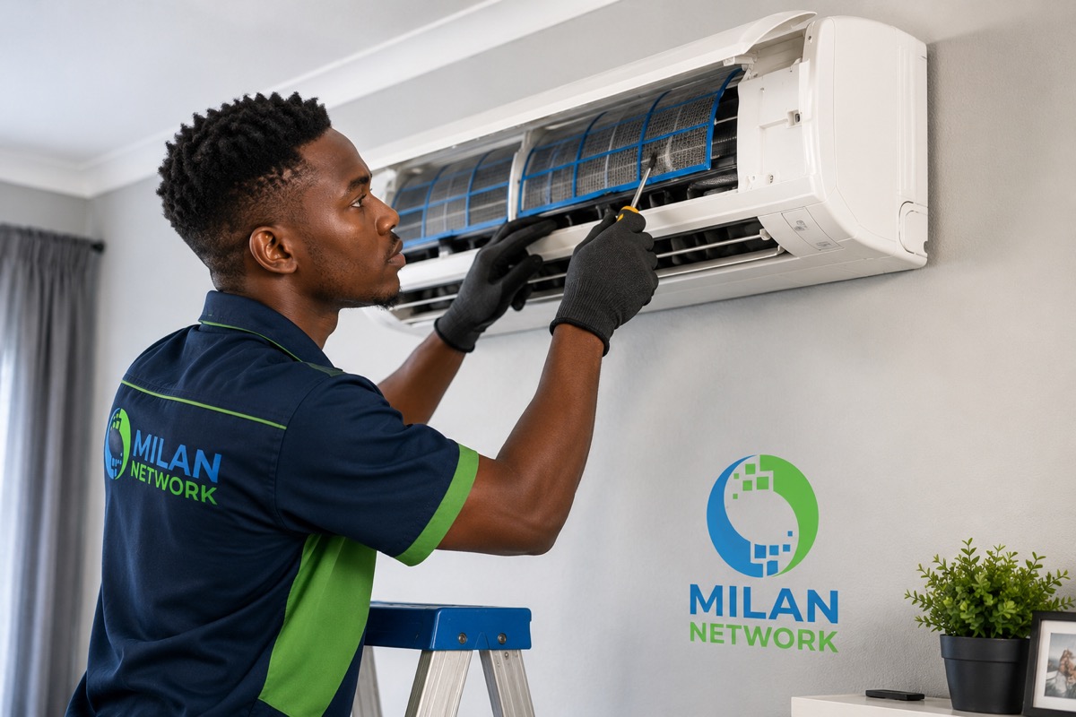 Milan Network technician servicing a wall-mounted air conditioning unit